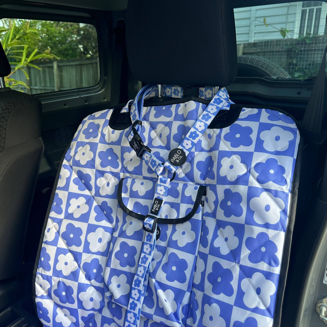 Headrest Car Restraint - Blue Checkered Daisies
