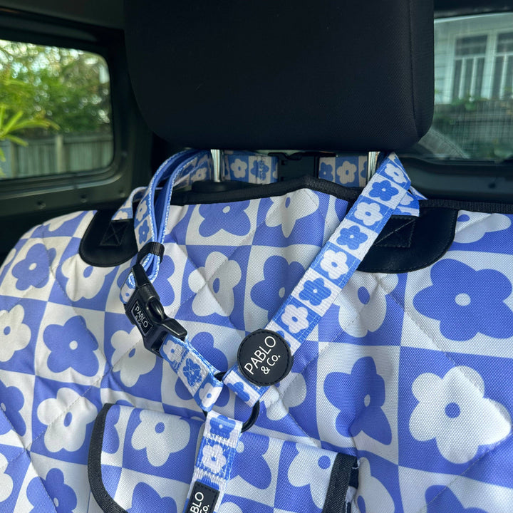 Headrest Car Restraint - Blue Checkered Daisies