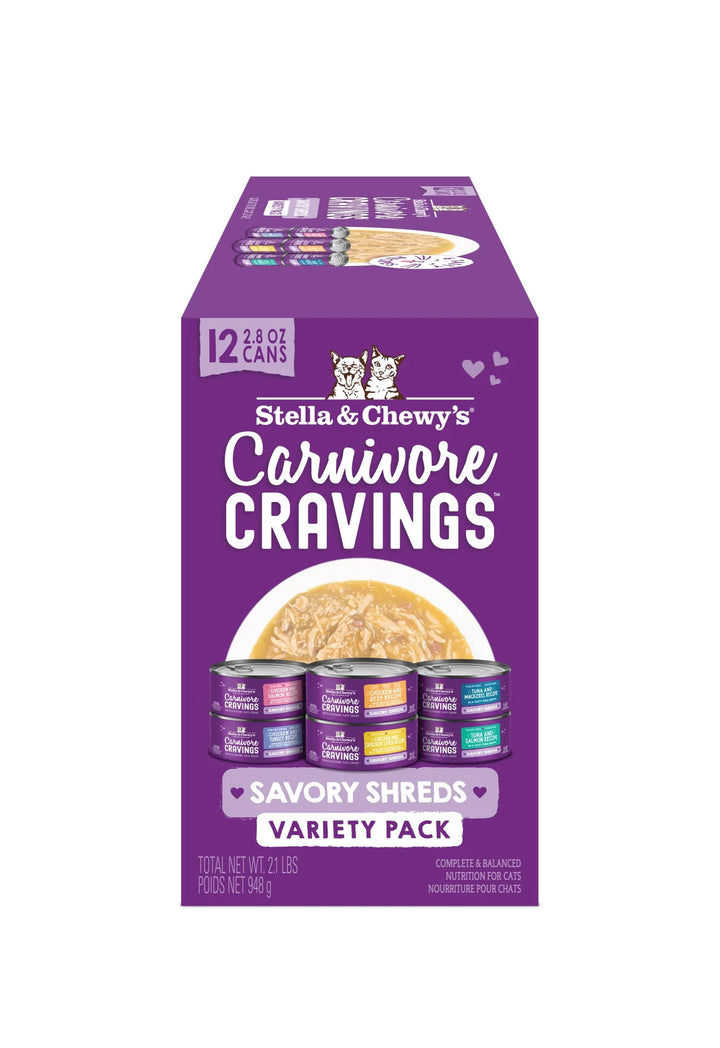 Carnivore Cravings Savory Shreds - Variety Pack - Wet Cat Food (24 Cans, 2.8 oz)