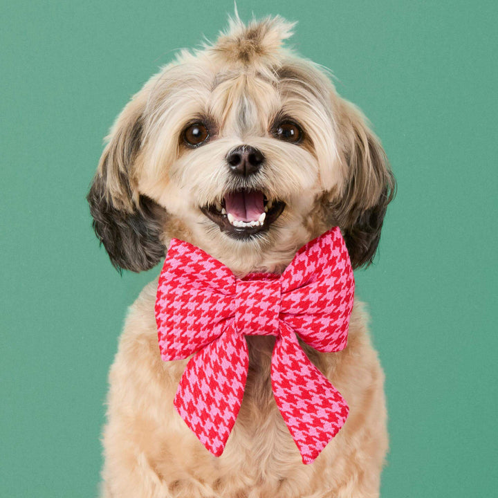 Pink and Red Houndstooth Lady Dog Bow